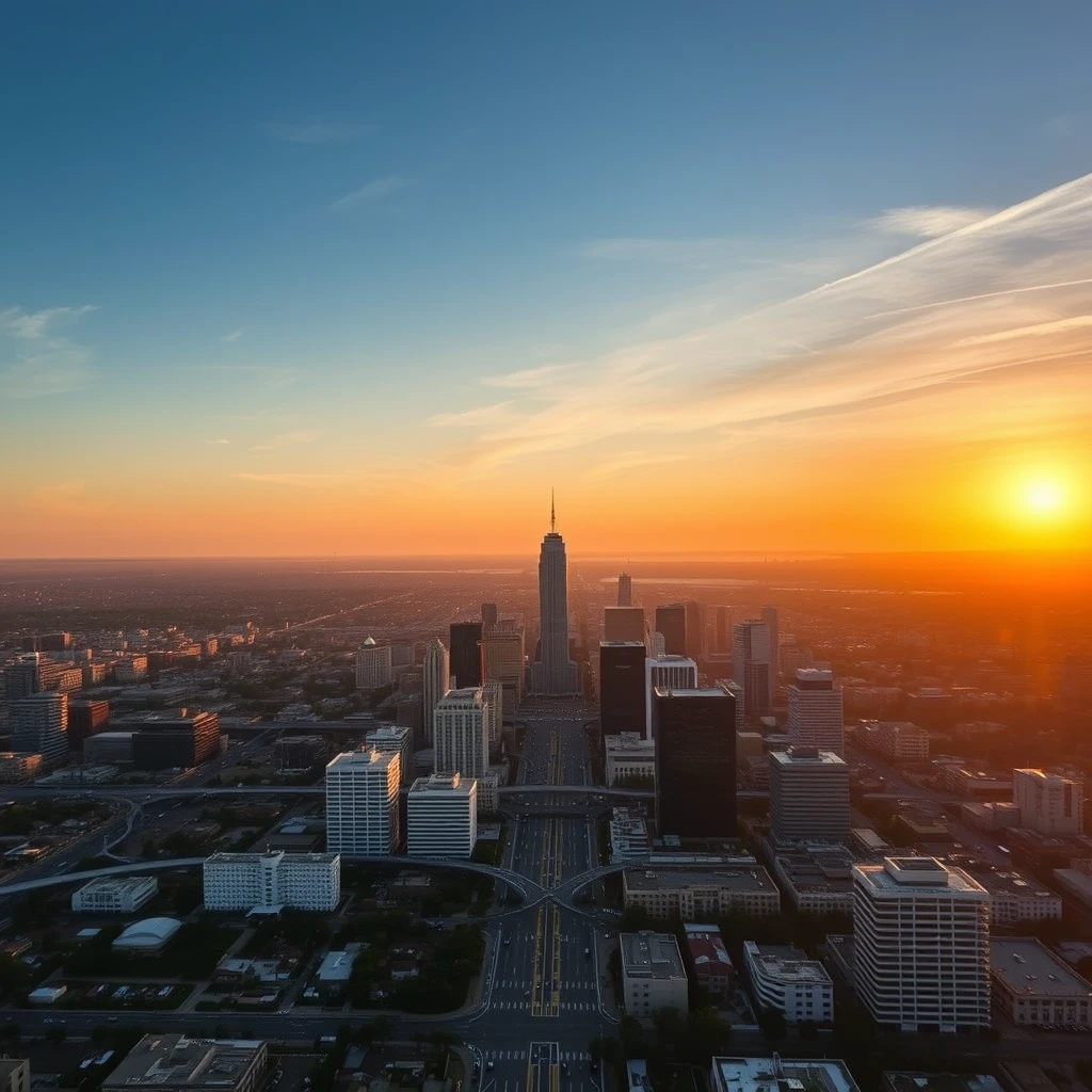 Aerial view of Los Angeles skyline at sunset